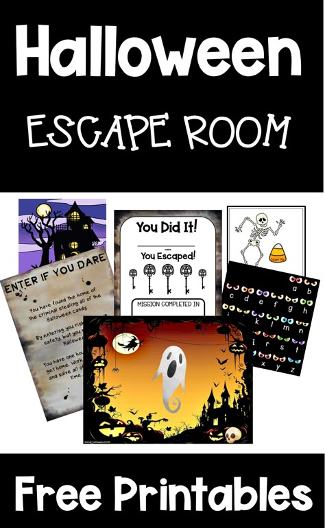 the pin shows six printable Halloween escape room printables. Halloween Escape Room Middle School, Halloween Escape Room Classroom Free, Halloween Class Activity, Halloween Class Ideas, Halloween Escape Room Classroom, Free Halloween Escape Room For Kids, Fall Party Elementary School, Halloween Middle School Activities, Free Escape Room Printable For Kids