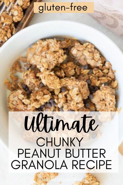 Healthy, Delicious, and Simple to Make the Ultimate Chunky Peanut Butter Gluten-free Granola Recipe. This chunky granola is breakfast, snack, and travel-worthy! Only six ingredients! Homeade Granola, Chunky Granola Recipe, Chunky Granola, Peanut Butter Granola Recipe, Gluten Free Granola Recipe, Peanut Butter Breakfast, Granola Recipe Healthy, Food Experiments, Granola Recipe Homemade