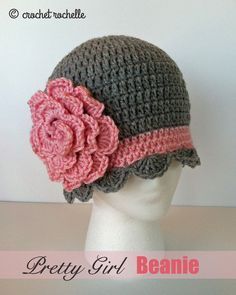 Crochet Flower Hat Pattern Free, Crochet Beanies Free Pattern, How To Crochet A Flower, Crochet Flower Pattern Free, Crocodile Stitch, Crochet Hat Patterns, Crochet Beanies, Crocheted Hat, Girl Beanie