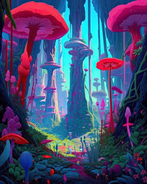 Lolita | Artist on Instagram: “Going on an adventure is an exhilarating experience that can bring about a sense of freedom and excitement. It often involves exploring new…” Fungi Fantasy Art, Magic World Illustration, Mushroom Environment, Mushroom Cave, Landscape Concept Art, Surreal Environment, Space Forest, Space Plants, Going On An Adventure