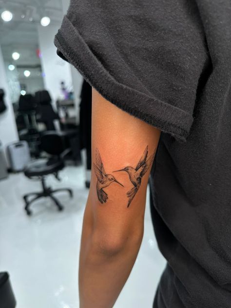 Bird Tattoo Memorial, Hummingbird Tattoo On Arm, Country Arm Tattoos, Singing Bird Tattoo, Arm Writing Tattoos For Women, Hummingbird Leg Tattoo, Hummingbird Forearm Tattoo, Birds Behind Ear Tattoo, Elbow Word Tattoo