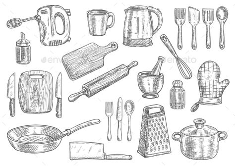 Kitchen Utensils and Appliances Isolated Sketches - Man-made Objects Objects Kitchen Utensils Drawing, Kitchen Utensils Illustration, Utensils Drawing, Drawing Kitchen, Kitchen Objects, Kitchen Drawing, Kitchen Logo, Drawing Accessories, Object Drawing