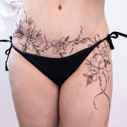 Abdominal Tattoos Women Lower, Panniculectomy Scar Tattoo, Yummy Tuck Tattoos, Tattoo On Stomach For Women, C Section Scar Tattoo Cover Up, Stomach Scar Tattoo Cover Up For Women, Underbelly Tattoo Women, Tummy Tucks Tattoo Cover Up Black Women, Pubic Bone Tattoo Women Tat