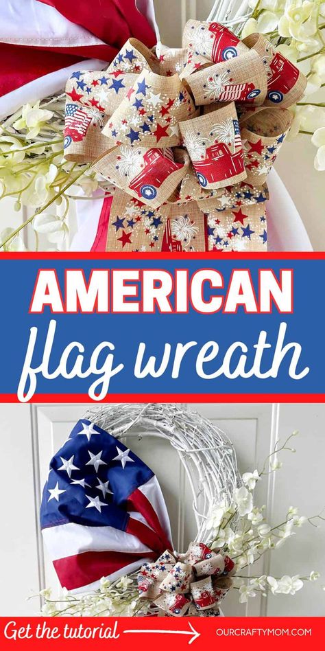 This DIY American Flag wreath is one of the easiest wreaths to make with no sewing and no hot glue needed! It's great for summer holidays. American Flag Wreath Diy, Flag Wreath Diy, Patriotic Wreath Diy, Diy American Flag, Making Bows For Wreaths, American Flag Wreath, Flag Wreath, Easy Wreaths, Wreath Project