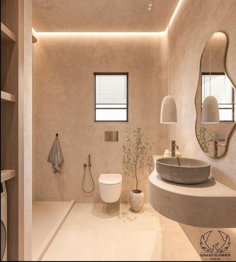 Beige Microcement Bathroom, Wabi Sabi Small Apartment, Neutral Tone Bathroom, Wabisabi Bathroom, تصميم دورة مياه, Small Balcony Ideas Apartment Diy, Cozy Small Balcony, Balcony Ideas Apartment Diy, Bathroom Simple