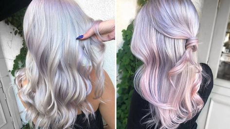 Pearl Colored Hair, Mother Of Pearl Hair Color, Pearl Hair Color Blondes, Platinum Blonde Hair With Lavender, Opal Hair Blonde, Opal Blonde Hair, Platinum Blonde With Lavender, Iridescent Hair Color, Opal Hair Color Blonde