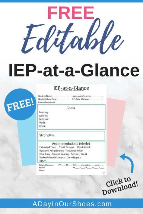 IEP at a Glance Template | Free | Printable | Editable via @lisalightner Iep Accomodations, Iep At A Glance, Iep Organization, Diverse Learners, Parent Teacher Meeting, Template Free Printable, Iep Meetings, Small Group Reading, Life Skills Special Education