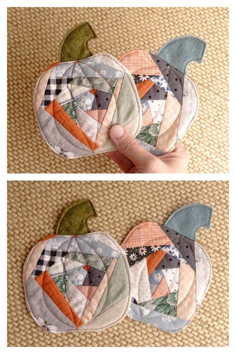 Crazy Quilted Pumpkin Coasters Free Sewing Pattern Quilts 2023, Patchwork Kitchen, Pumpkin Coasters, Fabric Art Diy, Coaster Patterns, Quilted Coasters, Scrap Fabric Projects, Fabric Sewing Patterns, Free Sewing Pattern