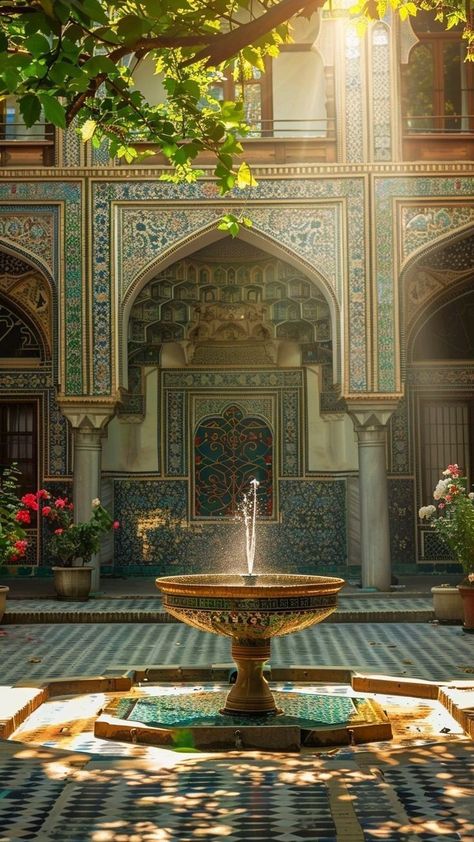 Arabic Garden, Modern Arabic Interior, Moroccan Architecture, Mexican Hacienda, Home Fountain, Drawing Classes, Ancient Houses, Persian Garden, Beautiful Scenery Pictures