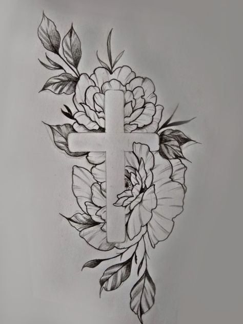 Cross With Orchids Tattoo, Floral Tattoo With Cross, Cross With Peonies Tattoo, Cross With Carnations Tattoo, Cross In Flowers Tattoo, Cross With Poppy Flower Tattoo, Bible Verse Flower Tattoo, Flowers And Cross Tattoo, Cross Thigh Tattoos For Women