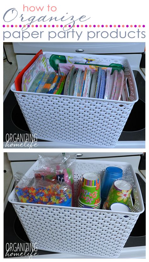 Party Stuff Organization, Paper Good Storage, Organize Paper Plates And Cups, Storing Party Supplies, Paper Goods Organization, Organizing Paper Plates And Napkins, Organizing Party Supplies, How To Store Paper Plates And Cups, How To Organize Party Supplies