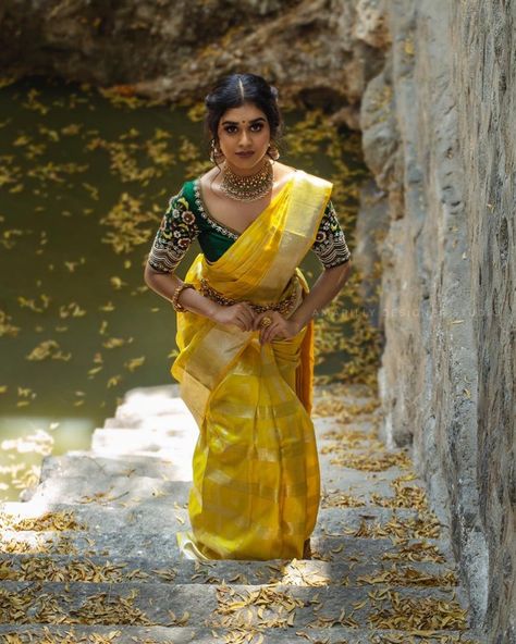 Amarilly Designer Studio on Instagram: “Muse @meenakshi_govindharajan  Blouse designed &Outfit styled @amarillydesignerstudio  On cam @sreekaphotography  Muah @monz_makeover…” Yellow Saree For Haldi, South Saree, Saree Color Combinations, South Indian Bride Saree, Engagement Saree, Marathi Bride, Engagement Look, Formal Saree, Indian Wedding Bride