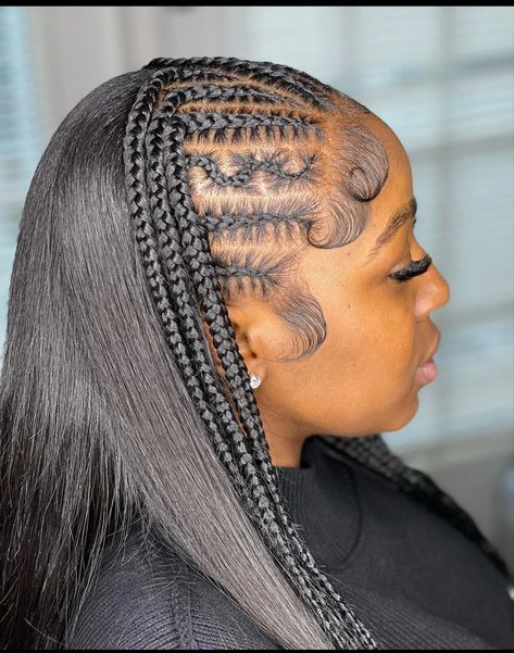 Braids To The Front Weave To The Back, Braids In Front Straight Hair In Back, Straight Sew In With Braids At The Top, Braiding Half Up Half Down, Half Braid Half Weave Hairstyles, 2023 Hairstyles For Women Long, Braids And Sew In Hairstyles Straight, Cornrows In Front Straight Weave In Back, Canerow Front And Sew In Back