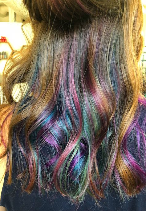 Rainbow Hair with Bangs: A Bold & Edgy Summer Hair Look Brown Hair Rainbow Highlights, Rainbow Tips Hair, Oil Spill Hair Brunettes, Brown Hair With Rainbow Highlights, Rainbow Highlights Hair Brown, Blonde Rainbow Hair, Rainbow Hair Highlights, Peacock Hair Color, Colorful Highlights In Brown Hair