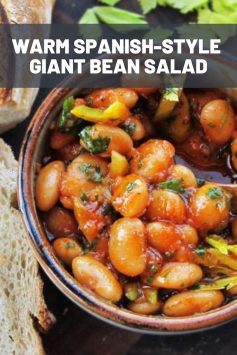 Warm Spanish-Style Giant Bean Salad With Smoked Paprika and Celery | The ingredient list here looks a little more intimidating, but once everything is together the dish only takes five minutes to prepare—it's just a matter of heating everything up long enough to incorporate all the flavors. You won't want to lose any of the sauce, so serve this with crusty bread to soak up every last drop.  #newyearseve #appetizers #partyfood #cocktailparty #seriouseats #recipes Spanish Bean Salad, Spanish White Beans Recipe, Spanish Salad Recipes, Giant Beans Recipe, Beans Dishes, Haluski Recipe, Celery Recipe, Gigante Beans, Catalan Recipes