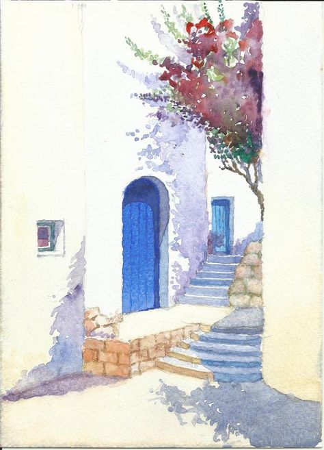 Greece Drawing Simple, Draw Canvas, Greece Watercolor, Painting On Canvas For Beginners, Canvas Painting For Beginners, Flower Painting On Canvas, Watercolor Art Landscape, Canvas For Beginners, Watercolor Architecture