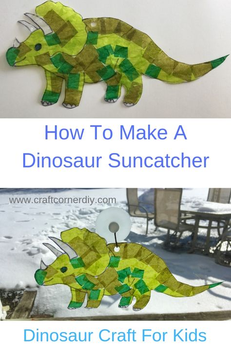 Do you know someone who loves dinosaurs?  Then you should make this unique DIY dinosaur suncatcher together.  A perfect kids craft for your dinosaur lover. Dinosaur Suncatcher, Dinosaur Crafts Kids, Dinosaur Crafts Preschool, Dino Craft, Dinosaur Lesson, Dinosaur Theme Preschool, Dinosaur Activities Preschool, Make A Dinosaur, Diy Dinosaur