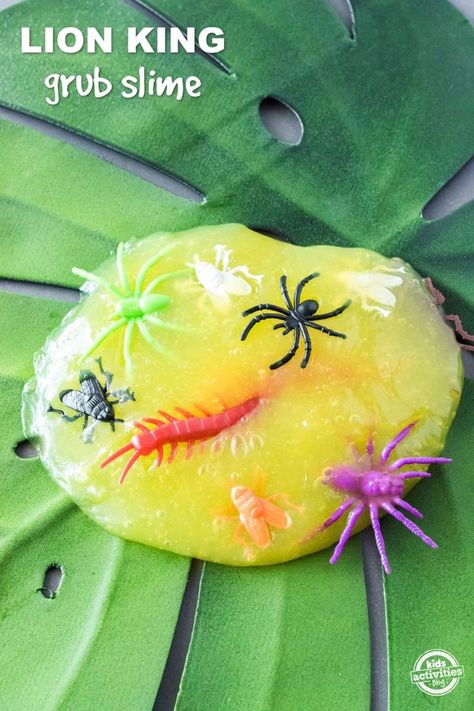 Lion King Grub Slime - A Lion King Party Activity Idea Lion King Birthday Party Games, Lion King Crafts For Kids, Diy Insects, Lion King Crafts, Lion King Party Favors, Lion Guard Party, Lion King Birthday Party Ideas, Lion Guard Birthday, Lion Party