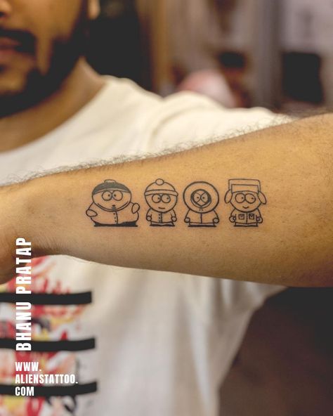 Tattoo Ideas South Park, Matching South Park Tattoos, Funny Cartoon Tattoo Ideas, Wierd Tattoo, Small Tattoos Spongebob, Cartoon Tattoos For Men, Funny Men’s Tattoos, Character Tattoos, South Park Tattoo