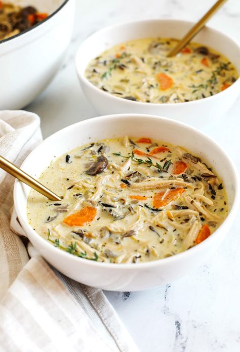 Chicken and Wild Rice Soup - Eat Yourself Skinny Wild Rice Soup Healthy, Wild Rice Soup Crockpot, Rice Soup Crockpot, Creamy Wild Rice Soup, Creamy Broccoli Cheddar Soup, Chicken And Wild Rice Soup, Wild Rice Soup Recipes, Chicken Wild Rice, Chicken Wild Rice Soup