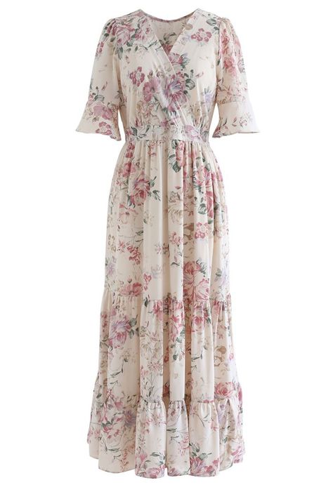 Luxuriant Flower Frilling Wrap Dress in Ivory - Retro, Indie and Unique Fashion Ruffle Hands, Floral Long Frocks, Peach Floral Dress, Pretty Floral Dress, Floral Pattern Dress, Chiffon Wrap, Shoulder Wrap, Long Frocks, Fashion Buyer