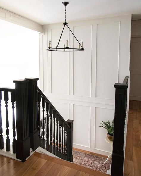 Stair Wall Ideas Front Entry, Feature Wall Ideas Staircase, Stairwell Wainscoting Ideas, Stairwell Millwork, Stairway Moulding Ideas, Two Story Focal Wall, Stairwell Feature Wall, Stairway Feature Wall, Wall Panel Entryway