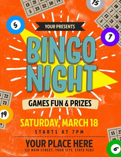 Promotional Ads Design, Bingo Night Flyer, Raffle Poster Design, Bingo Poster Design, Bingo Graphic Design, Raffle Poster Ideas, Game Night Poster, Bingo Poster, Bingo Design