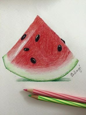 Watermelon Sketch, Pencil Art For Beginners, Colored Pencil Artwork Ideas, Fruit Art Drawings, Pen Sketches, Color Pencil Sketch, Pencil Drawings For Beginners, Color Pencil Illustration, Colored Pencil Artwork