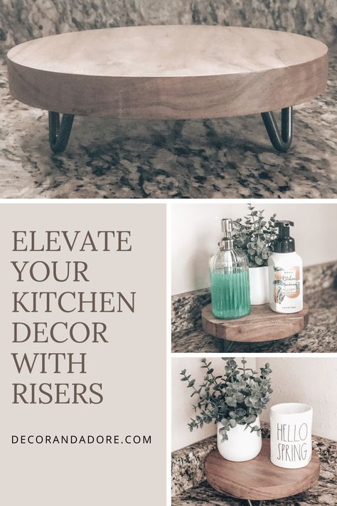 A simple way to add seasonal decor to a small space or surface is with a riser. Check out my blog post to read how I styled mine and to browse similar items for your own home.   #homedecor #farmhousedecor #riser #tieredtray #kitchen #kitchen decor Small Riser Decor, Kitchen Sink Pedestal Tray, Kitchen Sink Area Decor Ideas, Diy Kitchen Riser, Kitchen Turntable Decor, How To Decorate With Risers, How To Use Risers In Decor, Kitchen Riser Ideas, Bathroom Riser Decor