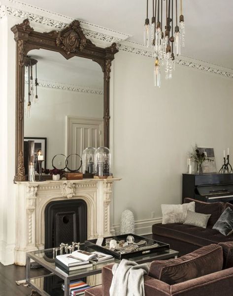 Goth Living Room Ideas, Goth Living Room, Corner Mirror, Matthew Williams, Interior Vintage, Velvet Couch, Mirror On The Wall, Trim Work, Dream Living