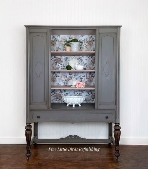 Antique Display Cabinet. Vintage China Cabinet. Gray China - Etsy Gray China Cabinet, Painted China Cabinet Ideas, Refinished China Cabinet, China Cabinet Painted, Antique Wall Cabinet, Antique Display Cabinet, Corner China Cabinets, Vintage China Cabinet, China Cabinet Redo