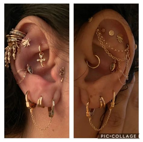 Maria Tash Spike Earrings, Ear Curation Themes, Ear Piercings Placement Chart Baddie, Ear Piercings Flat, Hippie Piercings, Triple Flat Piercing, Ear Scape, Ear Piercing Inspiration, Ear Curation