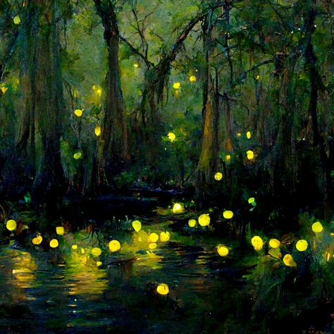 Sleepy lagoon moon forest swamp creek fairy lights floating glow arabesque tiny boat trees moss night Louisiana beautiful 4K Impressionism jazz green fireflies Swamp Oil Painting, Swamp Lights, Dream Paintings, Firefly Painting, Moon Forest, Tiny Boat, Firefly Art, Forest Light, Forest Illustration