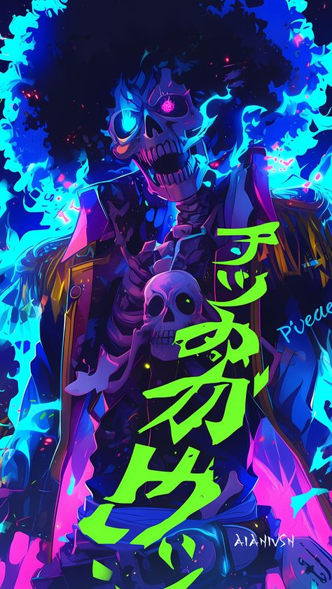 🔺 FULL VIEW ZOOM IN/OUT🔺 Brook from One Piece Brook in a neon effect. . Brook, the musician of the Straw Hat Pirates, is a living skeleton who ate the Revive-Revive Fruit. Known as the "Soul King," Brook's music can heal and inspire. His loyalty and humor make him a beloved character in One Piece. . Follow @aianivsn for more! . Like and share it with your friends. Make sure you comment and save. . . . . #brook #onepiece #strawhatpirates #soulking #onepieceanime #onepiecemanga #a... One Piece Brook, Brook One Piece, Soul King, The Straw Hat Pirates, Neon Effect, Straw Hat Pirates, One Piece Crew, Space Wallpaper, Anime Wall