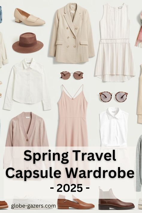 images of different spring travel outfit components like beige blazer, sunglasses, pink tanktop and white dress Hiking Trip Capsule Wardrobe, Spring Outfits Europe Travel Wardrobe, Portugal Capsule Wardrobe, Fitness Capsule Wardrobe, European Vacation Outfits Spring, 2 Week Capsule Wardrobe Travel Packing, Pastel Capsule Wardrobe, Spring Outfits Europe, European Capsule Wardrobe