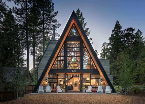 Contemporary A-frame Cabin With A Soaring Ceiling And Huge Windows Chalet Cabin, Frame Architecture, Pyramid House, Lake Tahoe Cabin, Triangle House, Contemporary Cabin, A Frame Cabins, A Frame House Plans, Frame Cabin