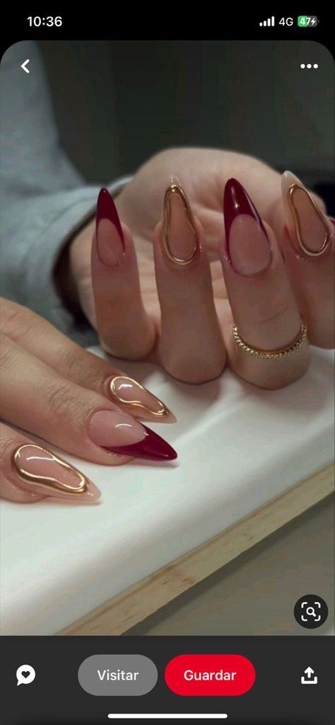 Maroon Nails With Gold Design, Maroon And Gold French Tip Nails, Berry Red Nails Art Designs, Oxblood Nails Acrylic, Thanksgiving Nails Maroon, Burgundy Nail Designs Almond, Burgundy Nails With Gold Design, Glazed Nails French Tip, Almond Nails Designs November