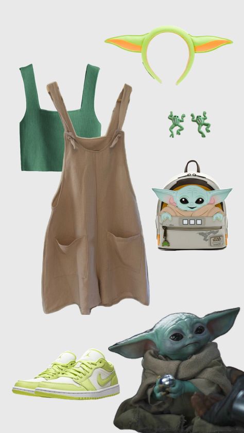 Baby Yoda outfit, Grogu costume, Disney bound, Mandalorian, theme park outfit, Halloween, frog earrings, Loungefly bag, Yoda ears Grogu Costume, Yoda Halloween Costume, Yoda Ears, Theme Park Outfit, Halloween Frog, Yoda Costume, Frog Earrings, Park Outfit, Theme Park Outfits