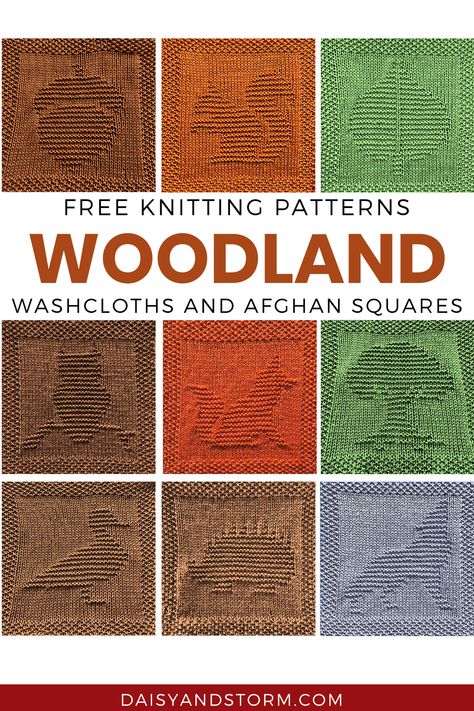 Free Woodland Themed Dishcloth and Afghan Squares Knitting Patterns Knitted Blanket Squares Free, Fun Knitting Patterns, Knit Square Patterns, Knit Dishcloth Pattern Free, Harry Potter And Friends, Daisy And Storm, Knit Squares, Knitted Squares Pattern, Amigurumi Characters