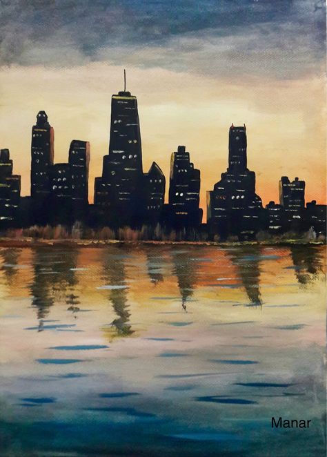 #sky #city #silhouettes #chicago #sea #sunset #sunsetpainting #oil #oilpaintings #reflection #skyscrapers#black Chicago Painting, City Scape Painting, Oil Pastel Landscape, Skyline Drawing, Sunset Canvas Painting, Sky City, Reflection Painting, Skyline Painting, Watercolor City