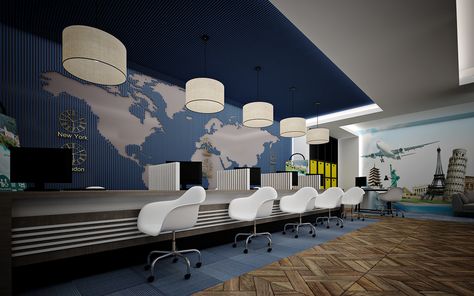 airport office :: Behance Office Partition Design, Airport Office, Office Reception Area, Agency Office, Marketing Office, Blue Interior Design, Indian Theme, Office Table Design, Real Estate Advertising