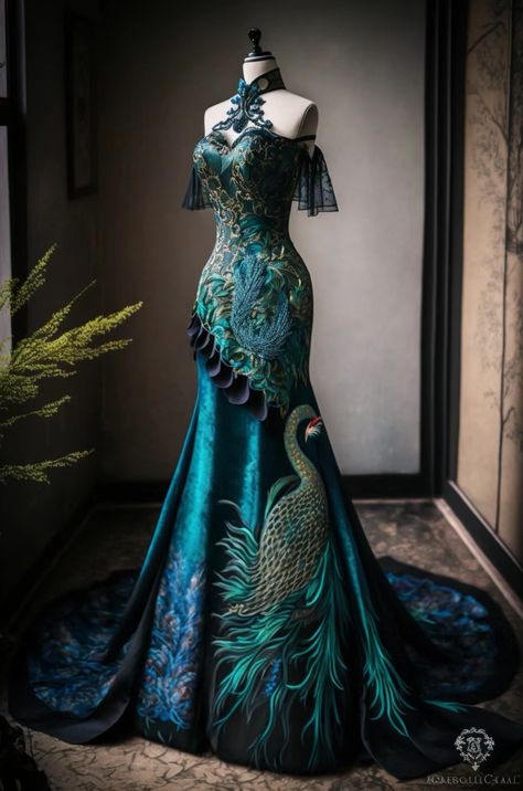 Peacock Wedding Dresses, Magical Dress, Peacock Dress, Fantasy Dresses, Dress Design Sketches, Prom Dress Inspiration, Fantasy Gowns, Fairytale Dress, Fantasy Dress