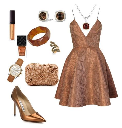 "Bronze Beauty" by spycred1 on Polyvore featuring Joana Almagro, Alice + Olivia, Michael Kors, Palm Beach Jewelry, Gucci, Laura Mercier, Manolo Blahnik and David Yurman Brown Outfits, Bronze Dress, Casual Glam, Gold Outfit, Rosé Brown, Short Summer Dresses, Gold Shoes, Fashion 101, Date Night Dresses