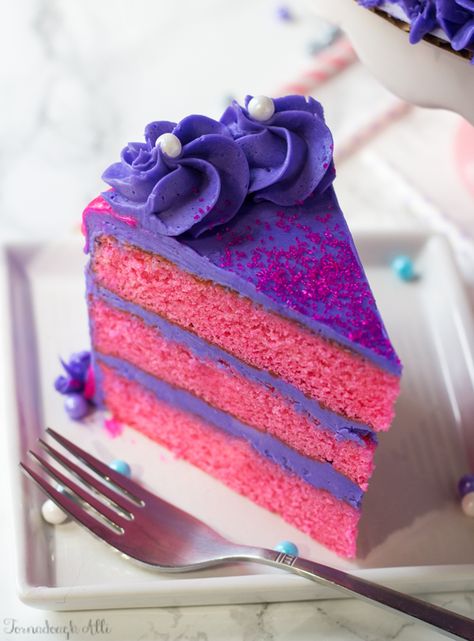 Pink Velvet Cake with Purple Vanilla Buttercream Pink Velvet Cake, Pink Velvet Cakes, Blueberry Cake, Piece Of Cake, Vanilla Buttercream, Velvet Cake, Perfect Cake, Lemon Blueberry