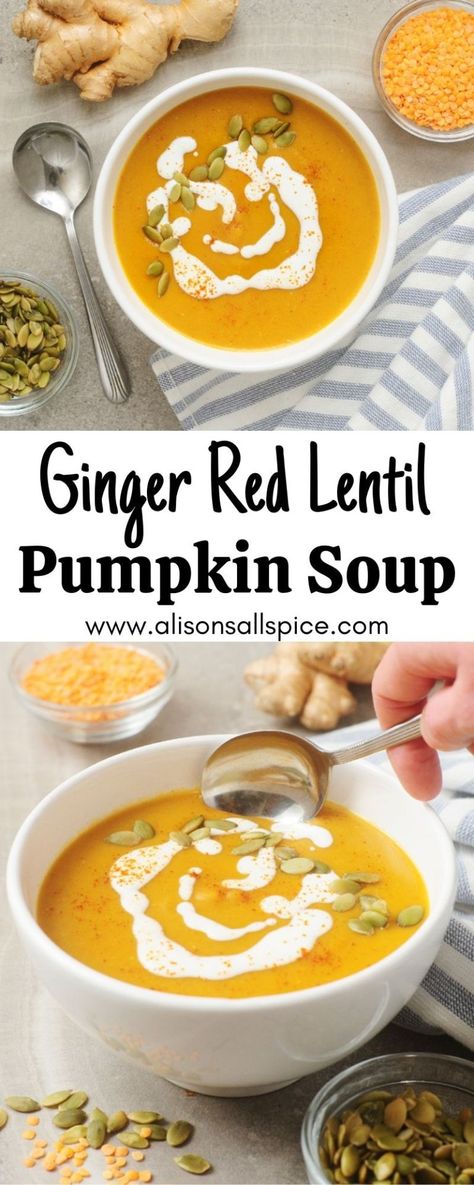 Pumpkin Soup With Coconut Milk, Pumpkin Lentil Soup, Halloween Soup, Healthful Foods, Soup Recipe Vegan, Pumpkin Soup Healthy, Soup Pumpkin, Spiced Pumpkin Soup, Red Lentil Recipes