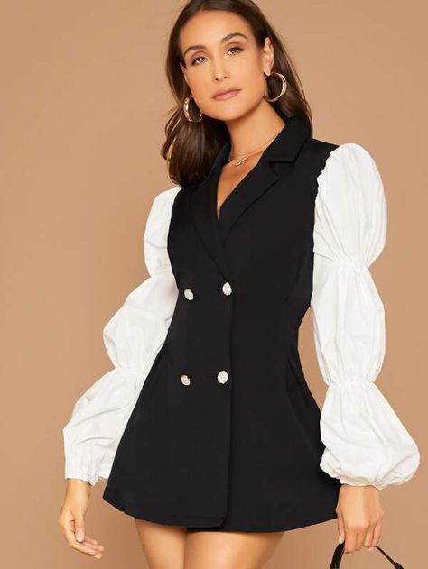 Contrast Lantern Sleeve Double Breasted Blazer Dress | SHEIN Womens Skirt Suit, Blazer And Dress Outfit Party, Tuxedo Dress Outfit, Suit Dress Outfit, Double Blazer, Dress With Blazer, Double Breasted Blazer Dress, Women Blazers, Women Suits