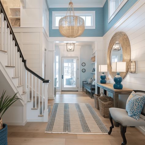 Coastal Serenity Foyer in Light Blue Concept Blue And White Foyer Entryway, Coastal House Foyer, Beach House Cottage Decor, Wainscoting Beach House, Coastal Cottage Entryway, Coastal Paneling, Beach Home Interior Design, Coastal House Entryway, Modern Costal Farmhouse