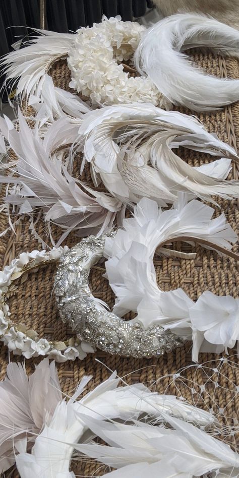 Hand made feather and bejewelled halo bands. Bridal Headbands, Custom Made Hats, Headpiece Diy, Halo Headband, Teal Wedding, Feather Headband, Goose Feathers, Fancy Hats, Wedding Headband