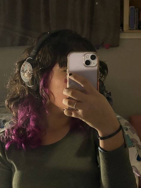 Purple Hair Back Of Head, Half Colored Hair Underneath Curly Hair, Half Dyed Hair Curly, Hidden Streaks In Hair, Curly Hair Dye Purple, Purple Highlights In Brown Hair Curly, Purple Hair Half Up Half Down, Purple Underneath Hair Curly, Two Toned Hair Underneath Curly