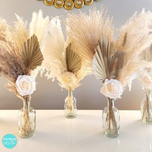 Pampas Dinner Table Decor, Feather And Roses Centerpieces, Decoration With Pampas, Engagement Party Floral Centerpieces, Simple Pampas Centerpiece, Small Pampas Centerpiece, Pampas Grass In Mason Jar, Boho Fall Bridal Shower Decorations, Boho Birthday Party Table Decor